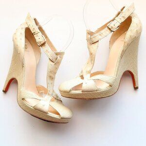 Versace Beige Ostrich Leather Platform Heels Pumps Sandals Luxury Designer Shoes